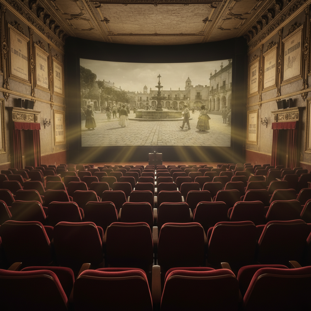 An old-fashioned movie theater interior dedicated to Mexican historical cinema, shown without any audience. Plush red velvet seats lead the eye toward a large curved screen displaying a frozen monochrome image of a colonial-era Mexican plaza. The walls are lined with framed, text-only posters featuring dates and film titles about Mexican history. Soft, golden projector light beams through a slightly dusty atmosphere, creating visible rays that cut diagonally across the room. The mood is nostalgic and contemplative. Captured from the back row with a wide-angle photographic perspective, sharp focus throughout, and a balanced composition that emphasizes depth and the immersive nature of historical film viewing.